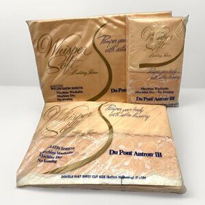 Whisper Soft Double Sheet Set Peach Nylon Satin Lace Trim Flat Fitted Pillowcase